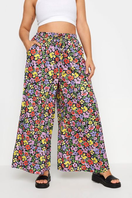 Yours Broek Met Abstracte Bloemenprint En Wijde Pijpen In Paars/Geel