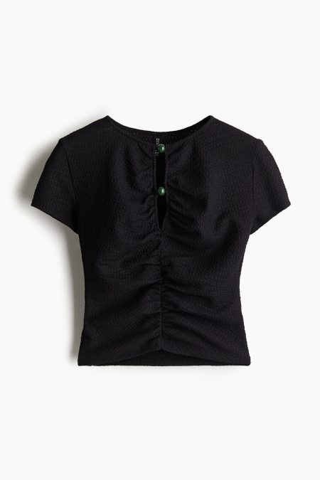 H & M - Aangerimpelde top met kralen - Zwart