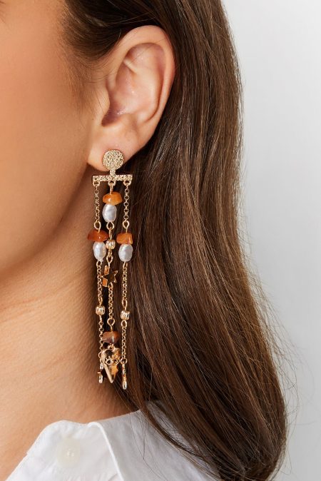Oorbellen Met Hemelse Hangertjes En Kralen In Goud/Bruin
