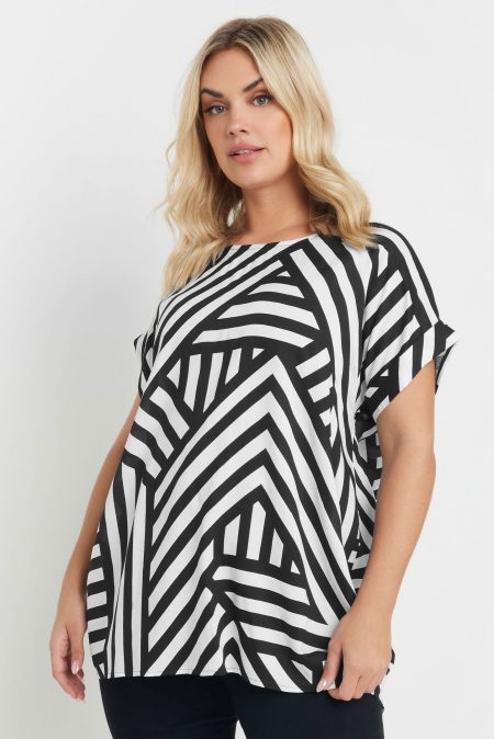 Yours Blouse Met Geometrische Print En Korte Mouwen In Zwart/Wit