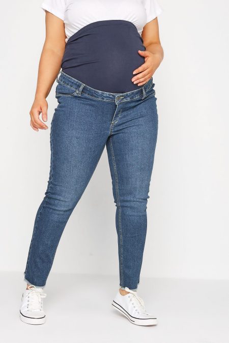 Bump It Up Maternity Mom Jeans Met Gerafelde Zoom In Donkerblauw