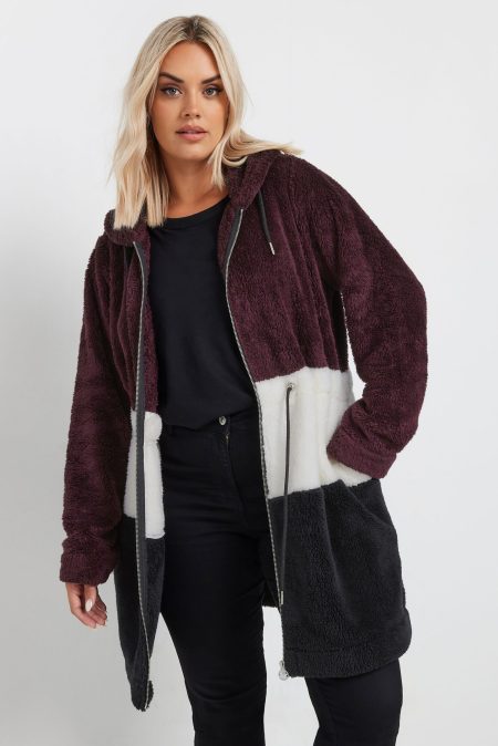 Yours Lang Fleecejack Met Kleurblokontwerp En Ritssluiting In Zwart/Bessenrood