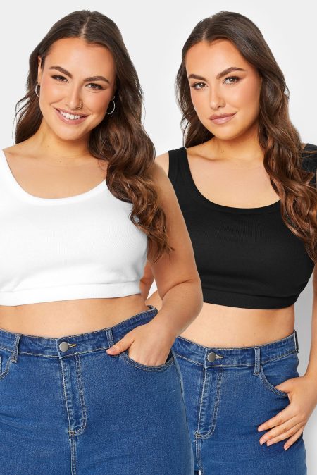 Yours 2 Pack Geribbelde Crop Tops In Zwart/Wit