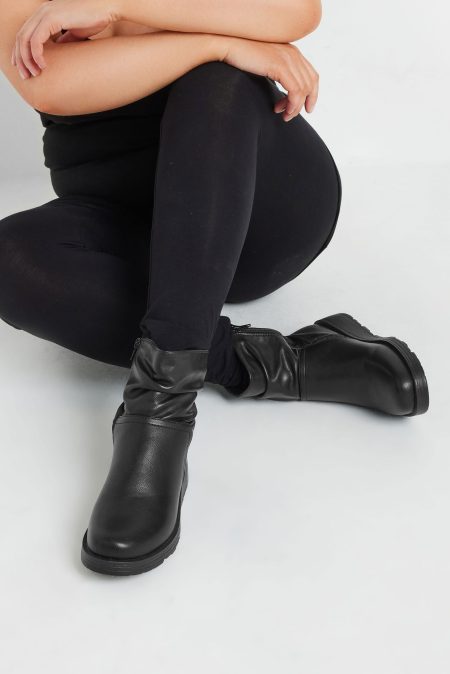 Zwarte Imitatieleren Slouch Wedge Laarzen Met Extra Brede eeepasvorm