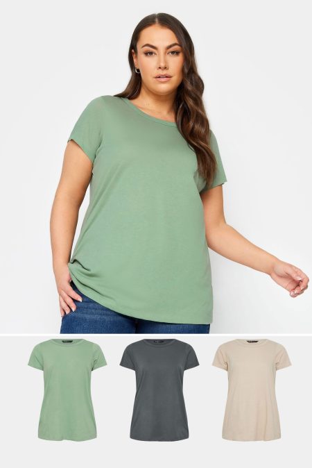 Yours Set Van Drie Basic Tshirts In Groen/Grijs/Beige