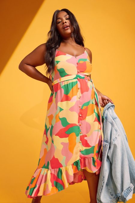 Yours Midijurk Met Camibandjes En Abstracte Print In Roze/Geel