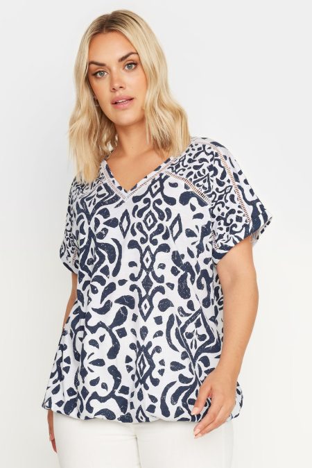 Yours Top Met Ikatprint En Elastische Zoom In Donkerblauw