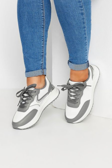 Chunky Sneakers Met Contrast In Een Brede Pasvorm In Wit/Grijs