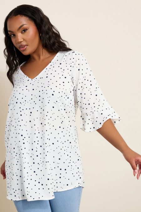 Yours Top Met Stippenprint En 3/4 Ruchemouwen In Wit