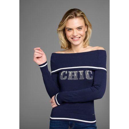 Laura Scott Trui met carmenhals met verfijnde applicatie van glinsterende stenen en sierparels