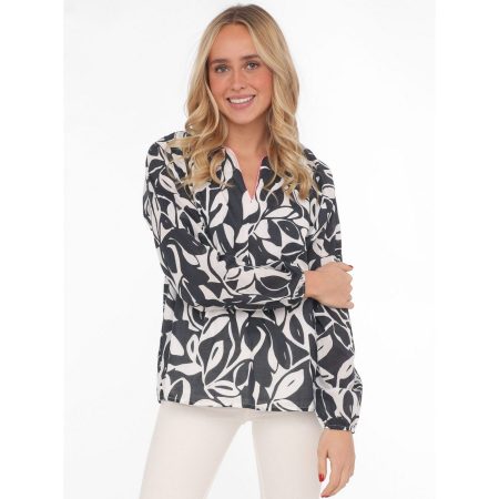 Zwillingsherz Shirtblouse Bladeren Tweekleurig met bladeren-motief en neonrand bij de hals
