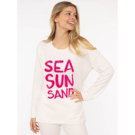 Zwillingsherz Sweater "Sea Sand Sun" Met grote flock-opschrift in opvallende kleur