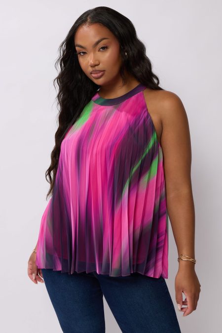 Yours London Geplooide Top Zonder Mouwen Met Abstracte Print In Roze/Groen