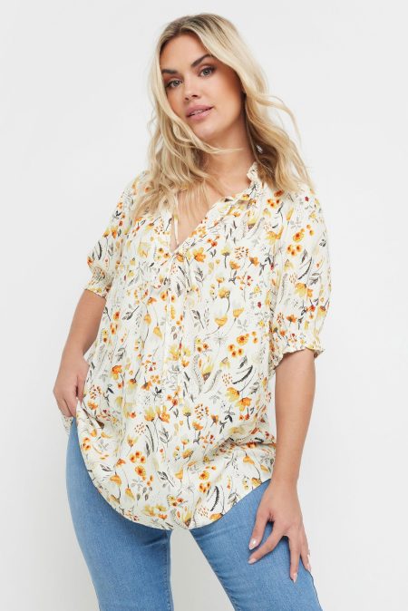 Yours Blouse Met Bloemenmotief En Strikdetail In Wit/Geel