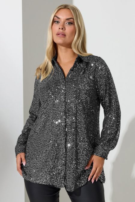 Yours London Overhemd Met Paillettenversiering In Zilver