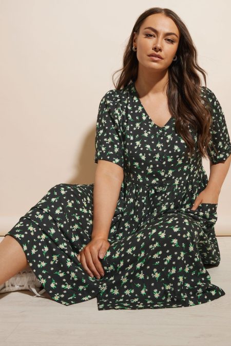 Yours Midaxi Doorknoopjurk Met Bloemmotief In Zwart