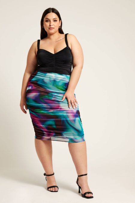 Yours London Midirok Van Mesh Met Abstracte Print In Blauw/Roze