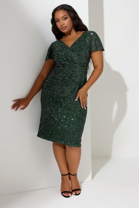 Yours London Midi Wikkeljurk Met Pailletten En Korte Mouwen In Groen