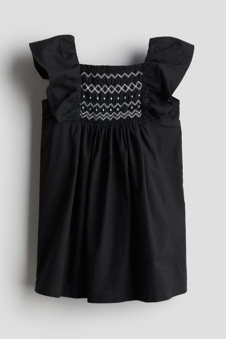 H & M - Katoenen jurk met smokwerk - Grijs