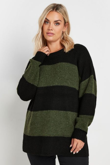 Yours Gebreide Trui Met Strepenprint En Lange Mouwen In Kakigroen/Zwart