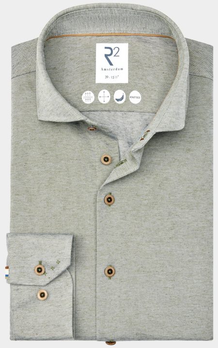 R2 Amsterdam Casual hemd lange mouw Groen Linen cotton knitted 128.WSP.019/070