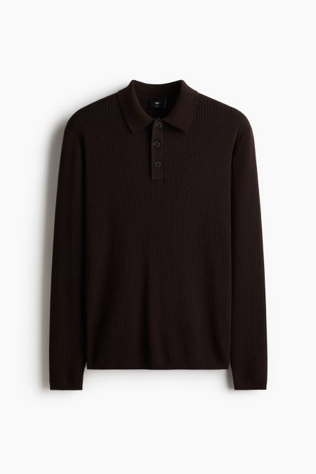 H & M - Ribgebreid poloshirt - Slim Fit - Bruin
