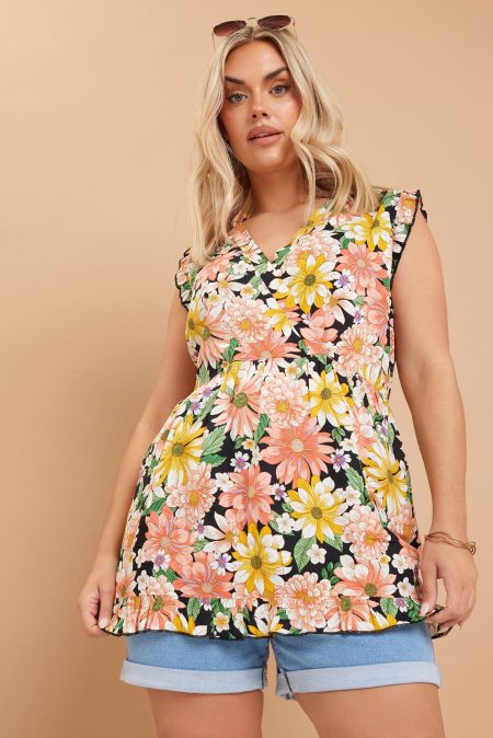 Yours Wikkeltop Zonder Mouwen Met Bloemenmotief In Geel/Oranje