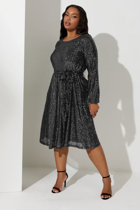 Yours London Midi Skaterjurk Met Lange Mouwen En Paillettenversiering In Zwart Size 58-60