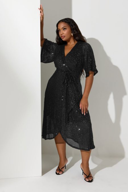 Yours London Wikkeljurk Met Allover Pailletten En Vhals In Zwart
