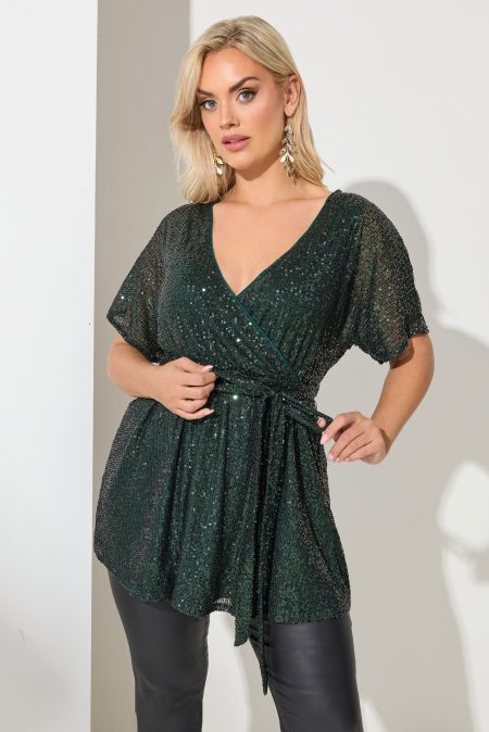 Yours London Wikkeltop Met Korte Mouwen En Paillettenversiering In Donkergroen Size 58-60