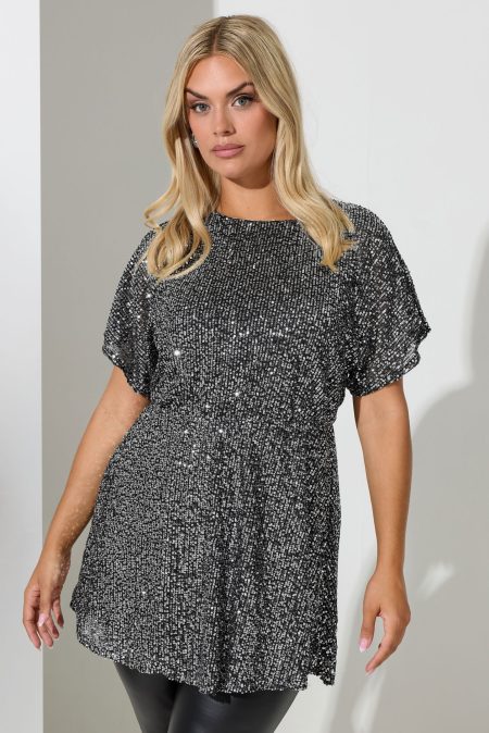 Yours London Peplum Top Met Paillettenversiering En Korte Mouwen In Zilver