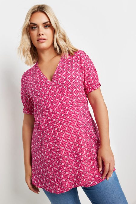 Yours Blouse Met Tegelprint En Korte Ruchemouwen In Roze