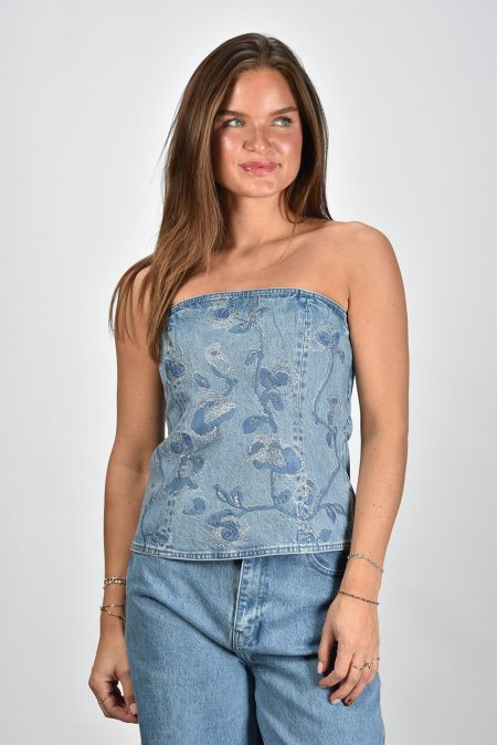 Rotate denim top Rhinestone bandeau blauw