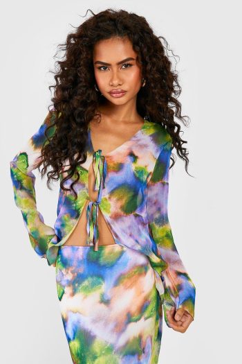 Chiffon Top Met Wazige Bloemen En Strik