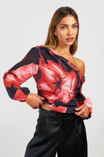 Bloemenprint Blouse Met Eén Blote Schouder En Strik