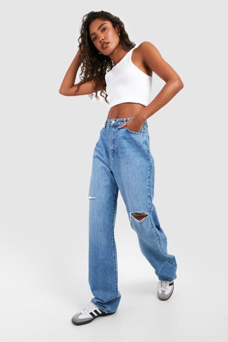 Tall Baggy Stonewash Mid Rise Boyfriend Jeans Met Gescheurde Dijen