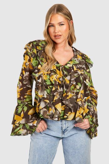 Plus Bloemenprint Blouse Met Extreme Ruches En Wijde Mouwen