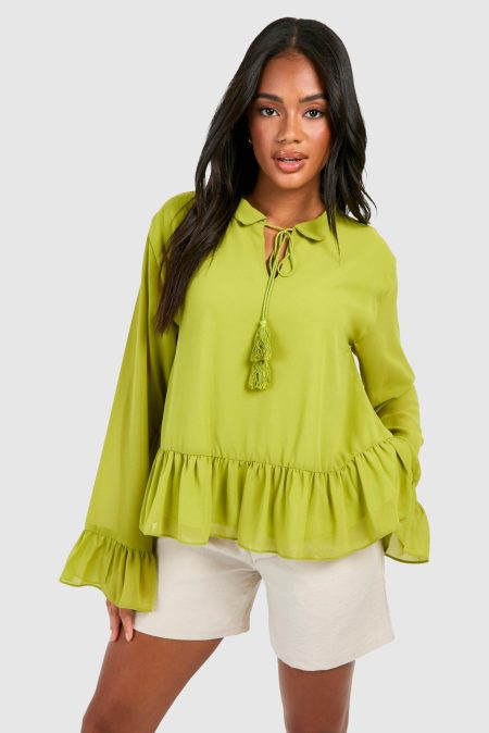 Gesmokte Chiffon Blouse Met Strik