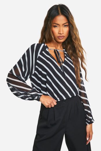 Gestreepte Chiffon Blouse Met Lange Mouwen