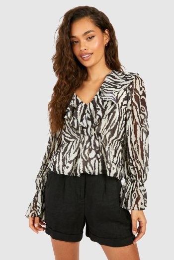 Satijnen Zebraprint Blouse Met Ruches