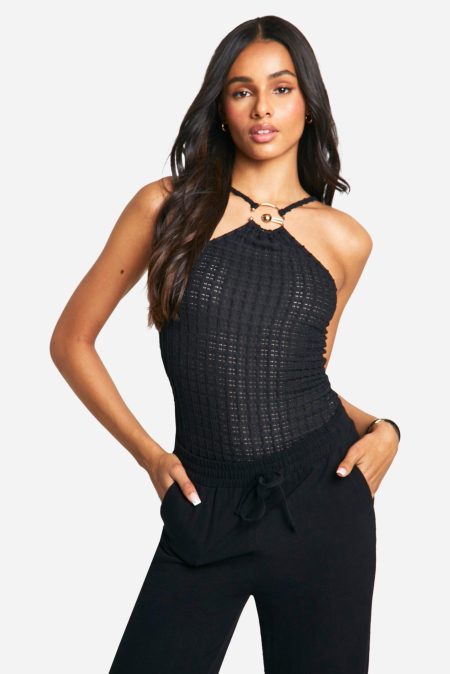 Tall Gekreukelde Halter One Piece Met Ring Detail