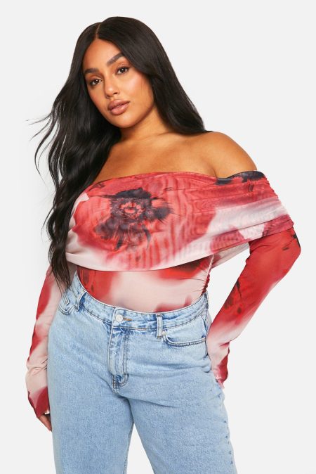 Plus Mesh Off Shoulder Top Met Uitgesneden Hals