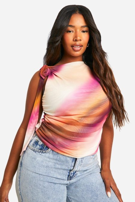 Plus Geplooide Mesh Top Met Print