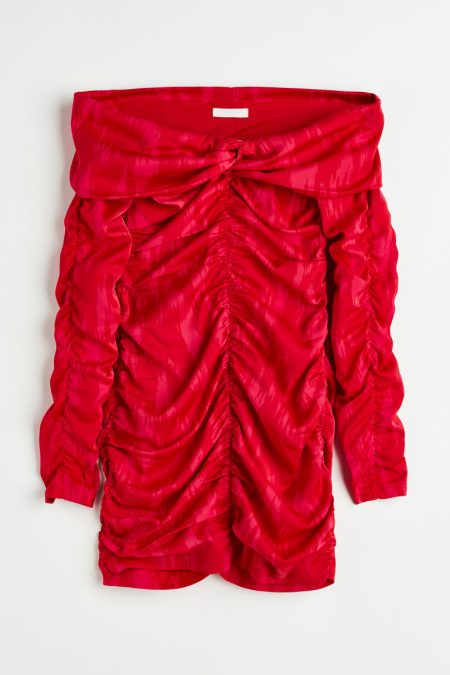 H & M - Off-the-shoulderjurk met rimpeleffect - Rood