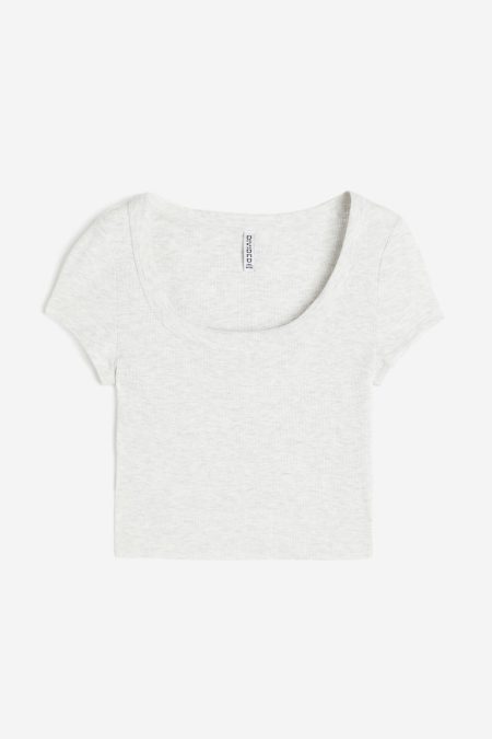 H & M - Cropped T-shirt van ribtricot - Grijs