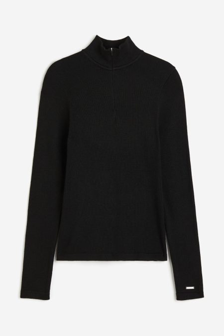 H & M - Ribbed Wool Half Zip - Zwart