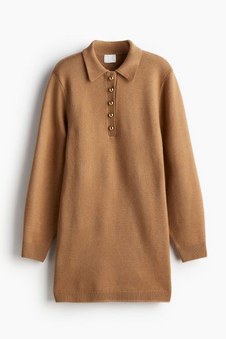 H & M - Fijngebreide jurk met kraag - Beige