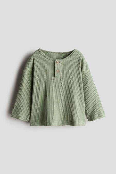 H & M - Geribd henleyshirt - Groen