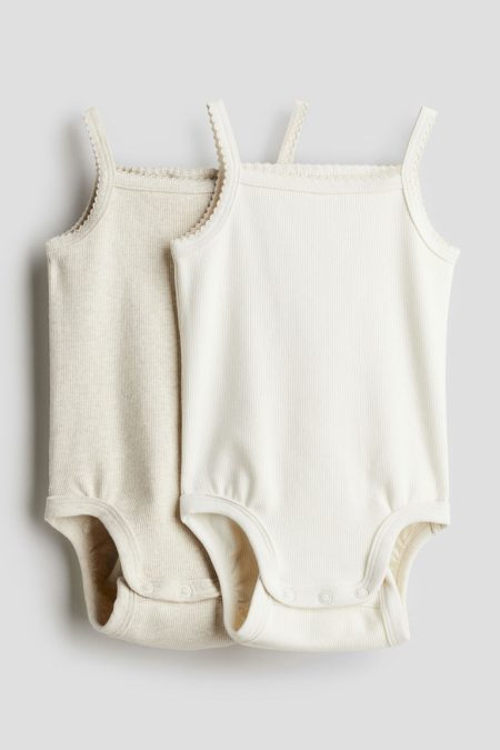 H & M - Set van 2 mouwloze katoenen rompers - Beige