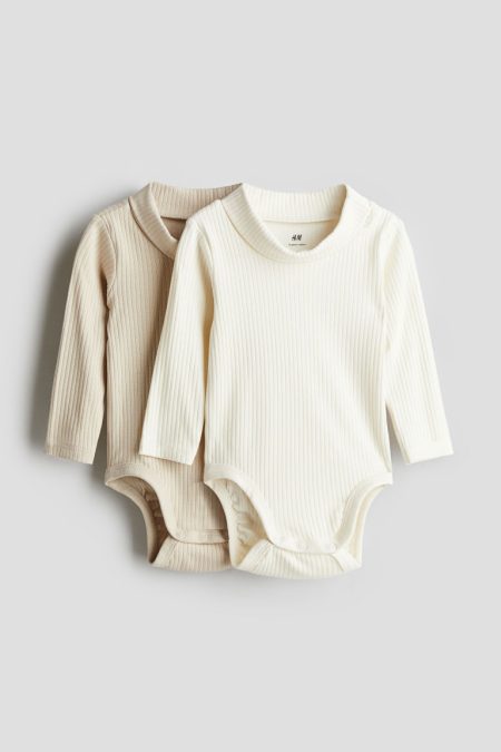 H & M - Set van 2 geribde rompers met col - Beige